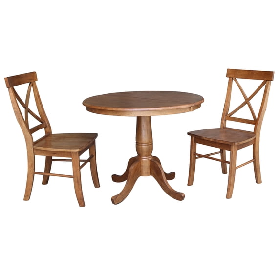 36" Round Solid Wood Extension Dining Table with 2 Chairs in Distressed Oak by International Concepts