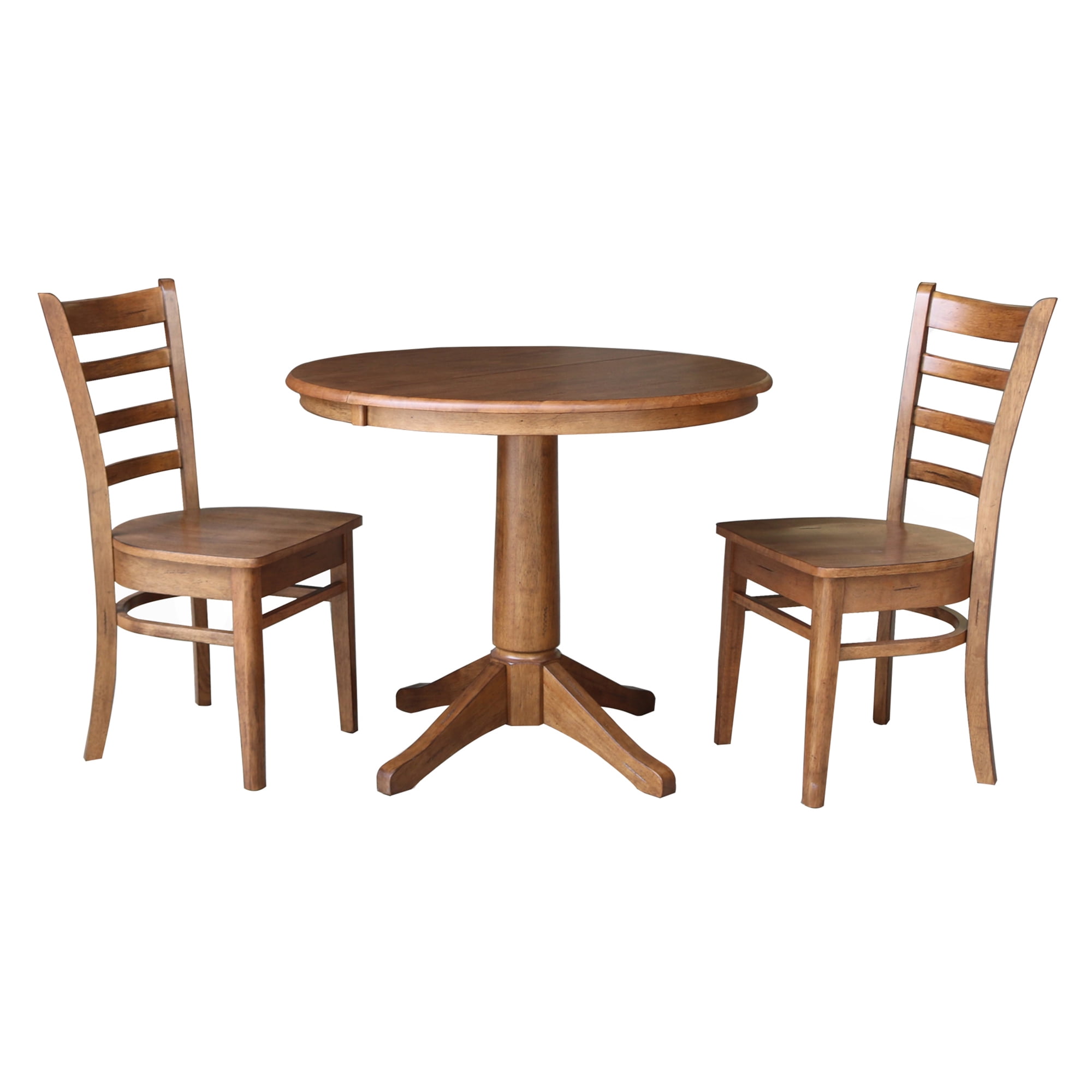 36" Round Solid Wood Extension Dining Table with 2 Chairs in Distressed ...