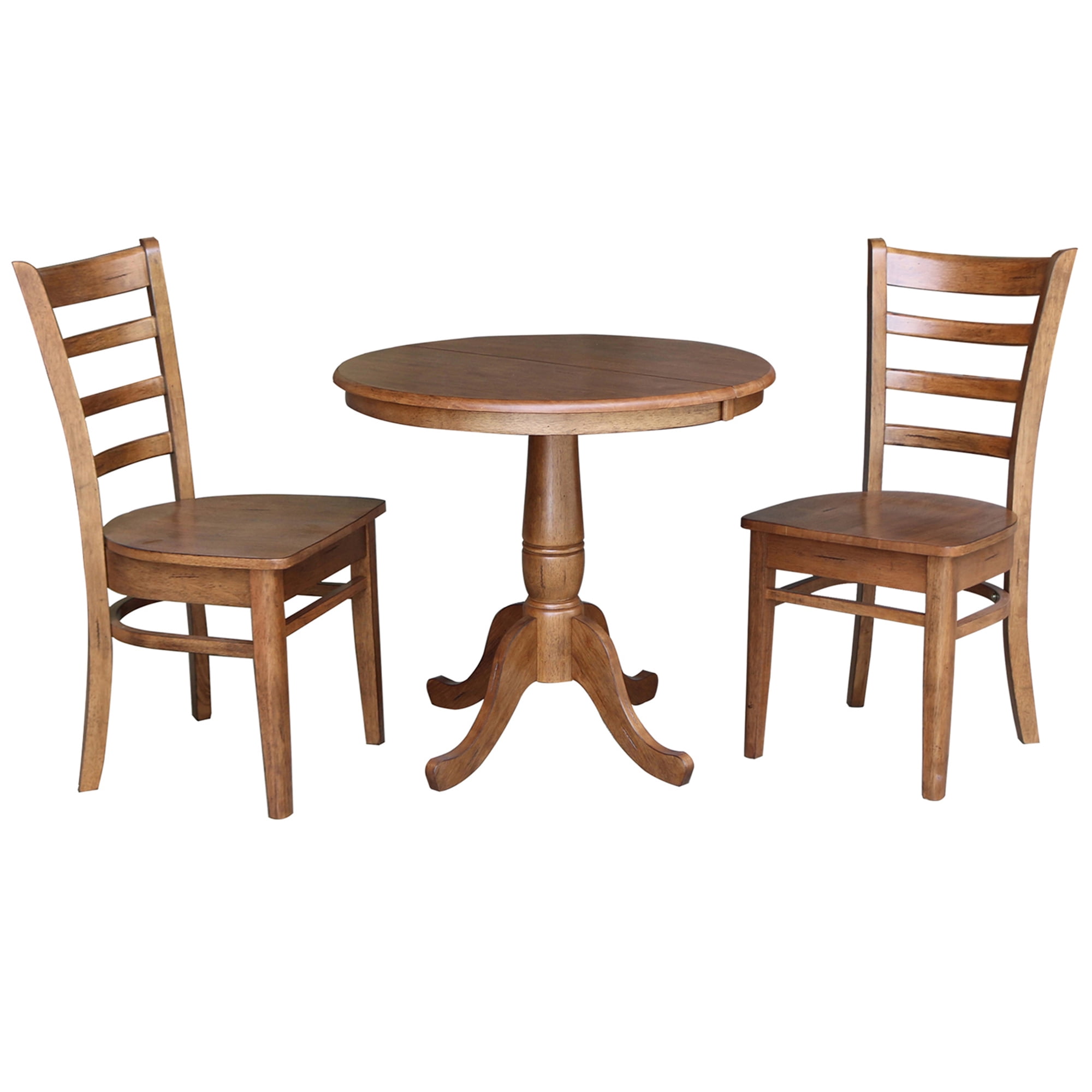 36" Round Solid Wood Extension Dining Table with 2 Chairs in Distressed ...