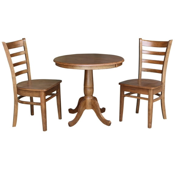 36" Round Solid Wood Extension Dining Table with 2 Chairs in Distressed Oak by International Concepts