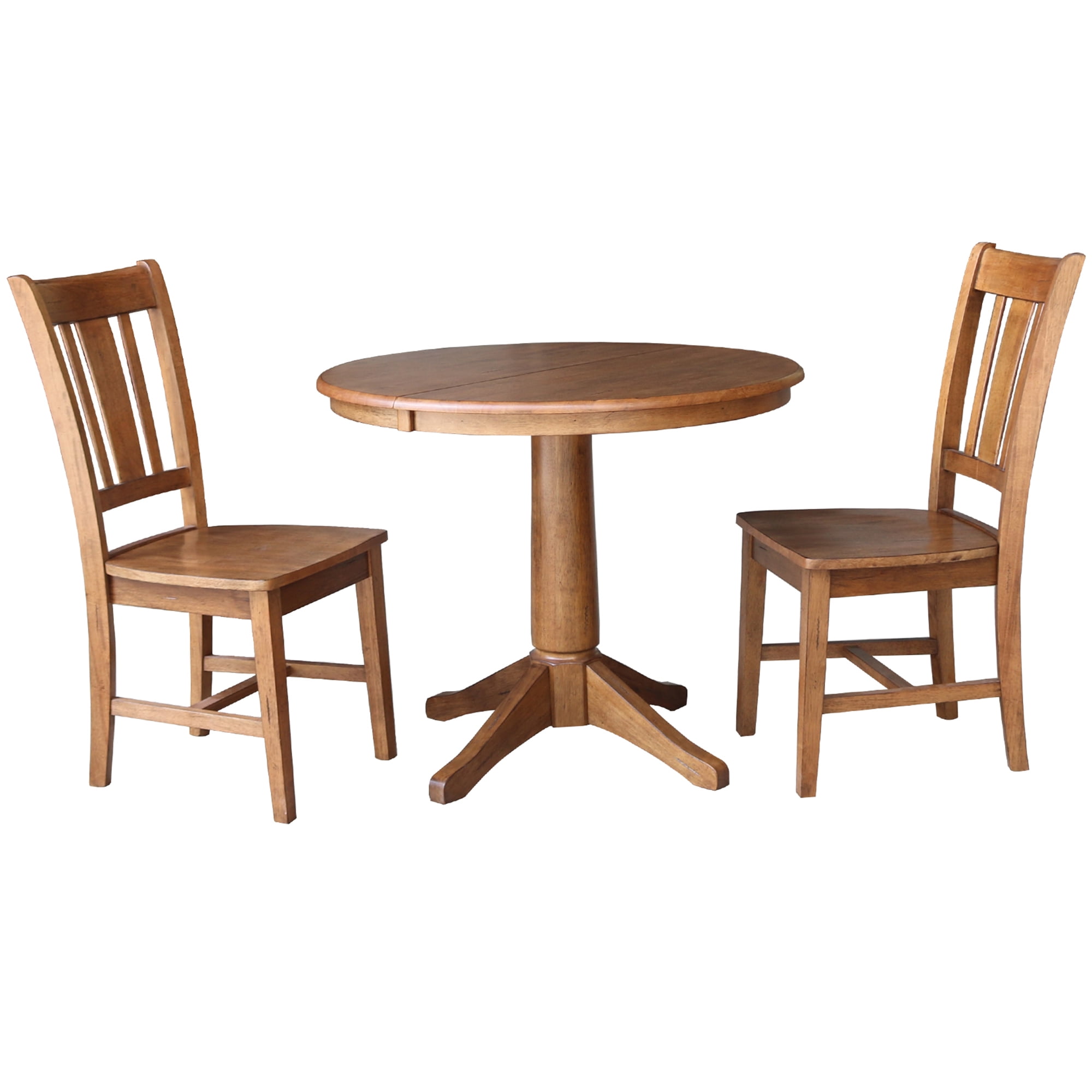36" Round Solid Wood Extension Dining Table with 2 Chairs in Distressed ...