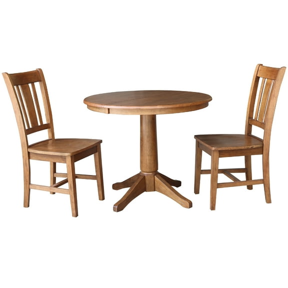 36" Round Solid Wood Extension Dining Table with 2 Chairs in Distressed Oak by International Concepts