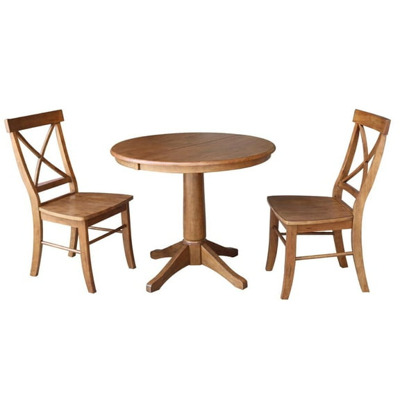 36" Round Solid Wood Extension Dining Table with 2 Cross Back Stools in Distressed Oak by International Concepts