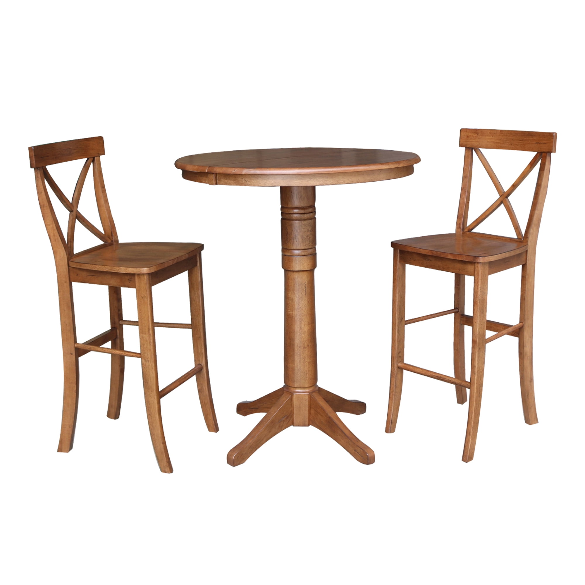 36" Round Solid Wood Extension Dining Table with 2 Cross Back Stools in ...