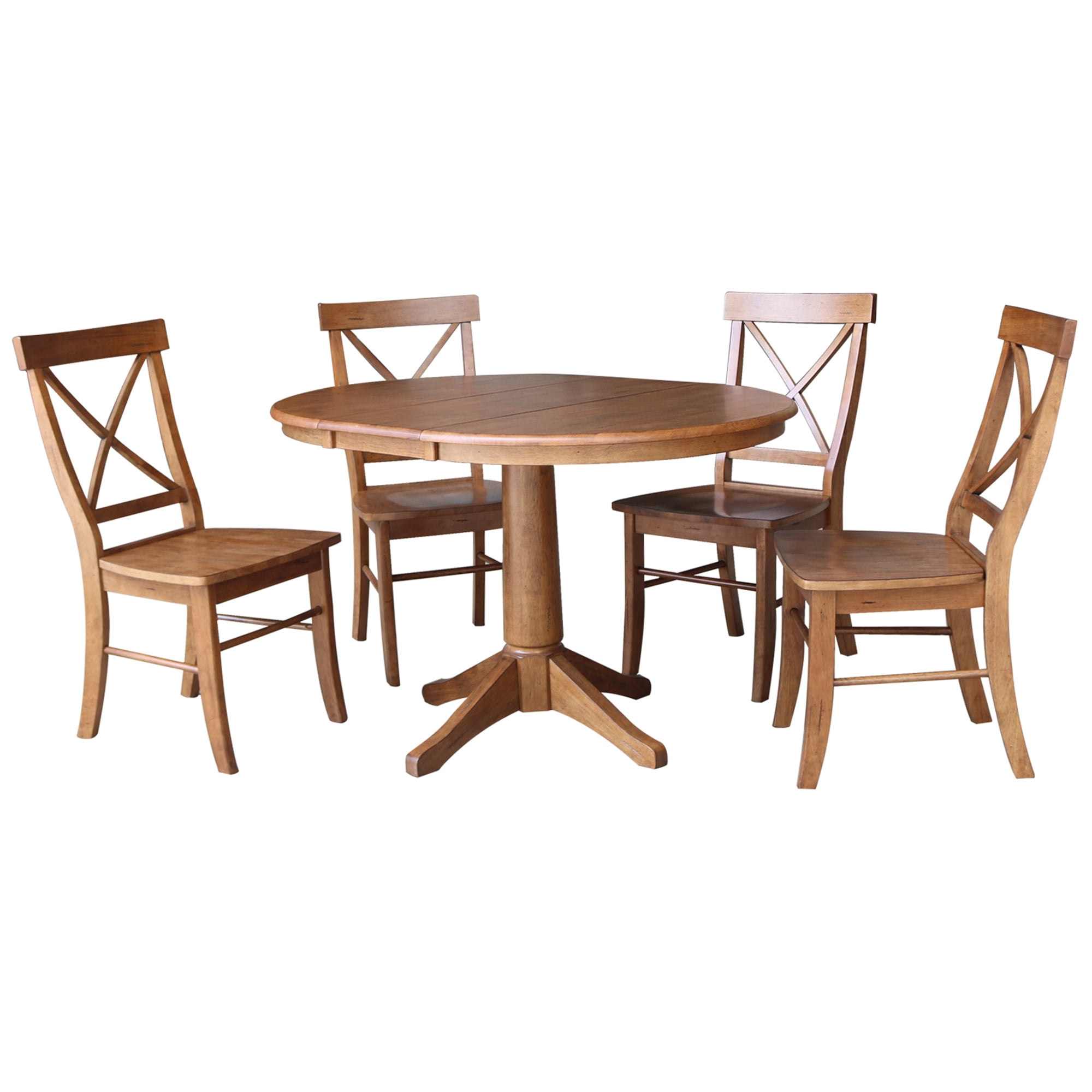 36" Round Solid Wood Extension Dining Table with 4 Chairs in Distressed ...