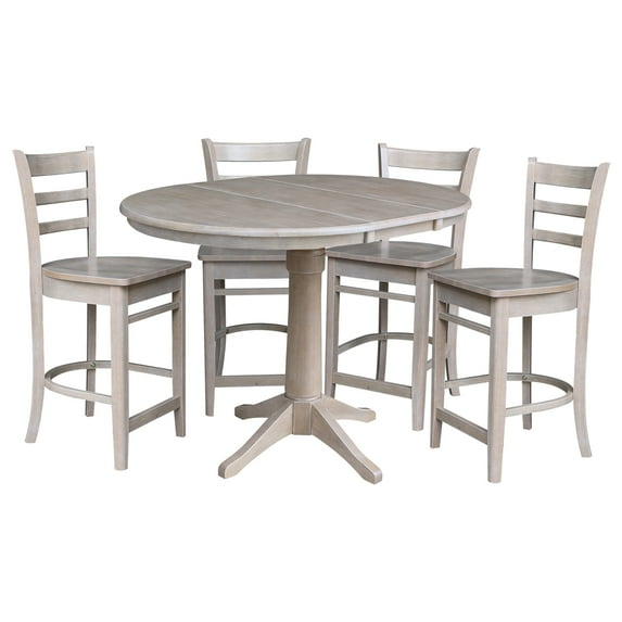 36" Round Solid Wood Extension Dining Table with 4 Emily Counter Height Stools in Washed Gray Taupe by International Concepts