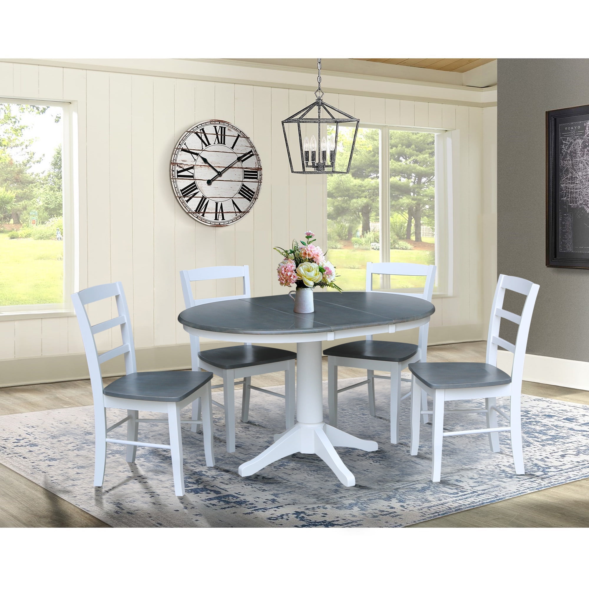 36" Round Solid Wood Extension Dining Table with 4 Madrid Ladder Back ...