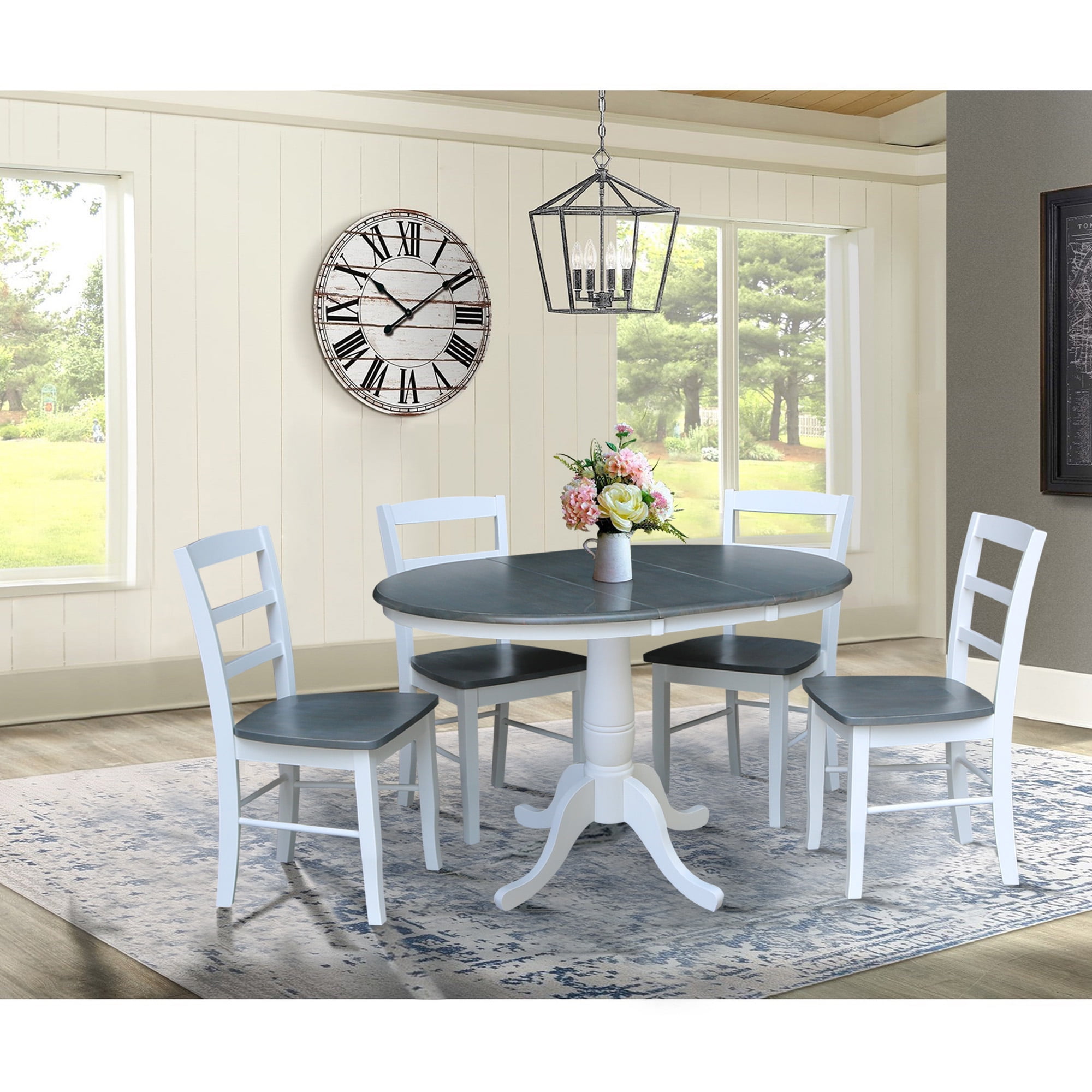 36" Round Solid Wood Extension Dining Table with 4 Madrid Ladder Back ...