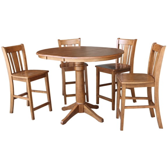 36" Round Solid Wood Extension Dining Table with 4 San Remo Stools in Distressed Oak by International Concepts