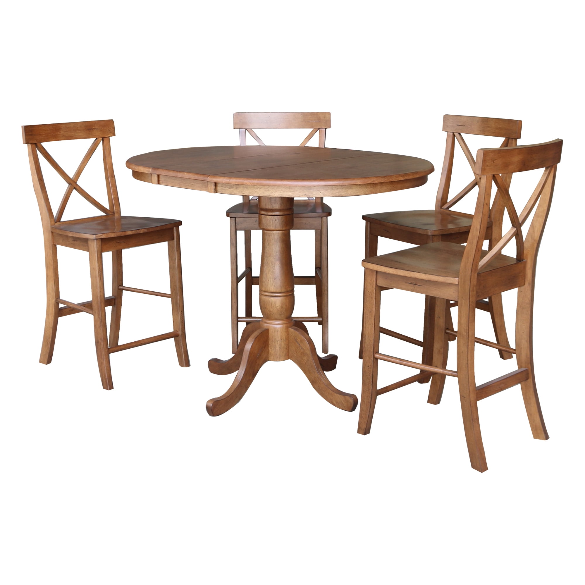 36" Round Solid Wood Extension Dining Table with 4 Stools in Distressed ...