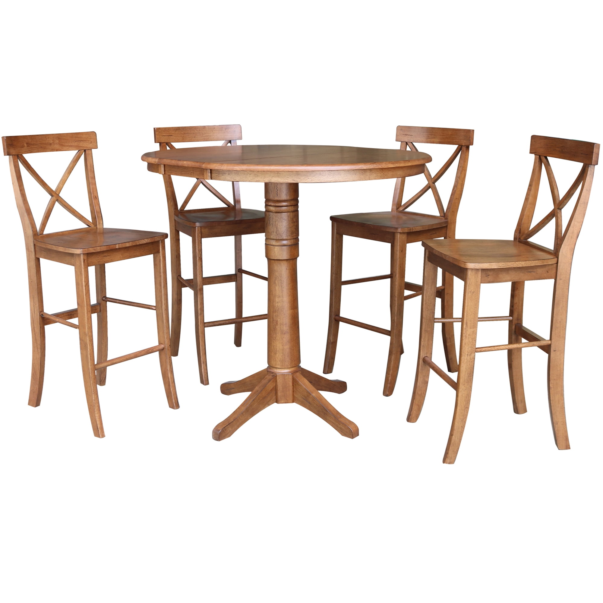 36" Round Solid Wood Extension Dining Table with 4 Stools in Distressed ...