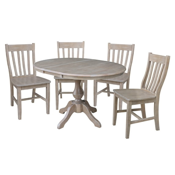 36" Round Solid Wood Extension Dining Table with Four Chairs, Washed Gray Taupe in Washed Gray Taupe by International Concepts
