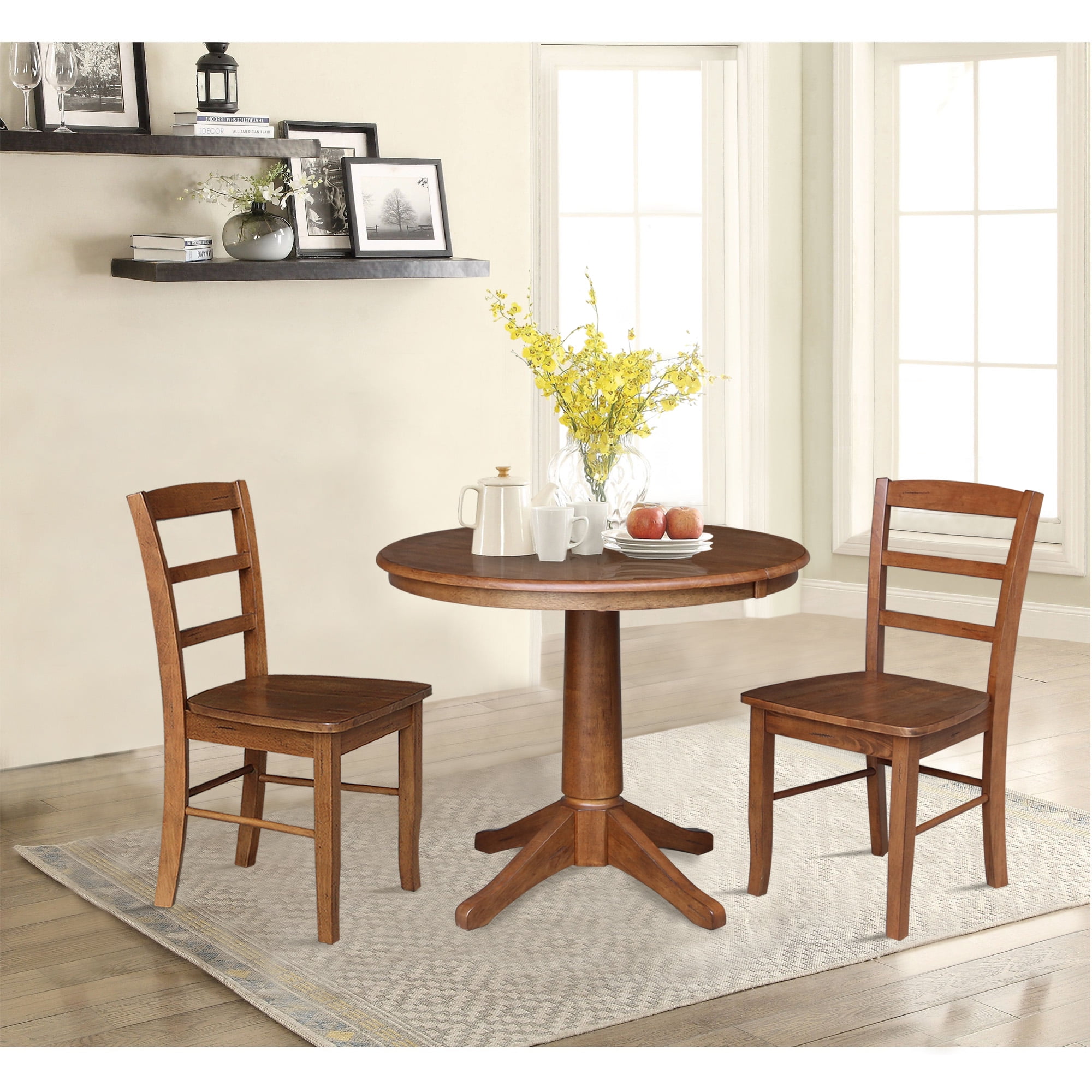 Distressed Oak Solid Wood Extendable Dining Set with Ladderback Chairs