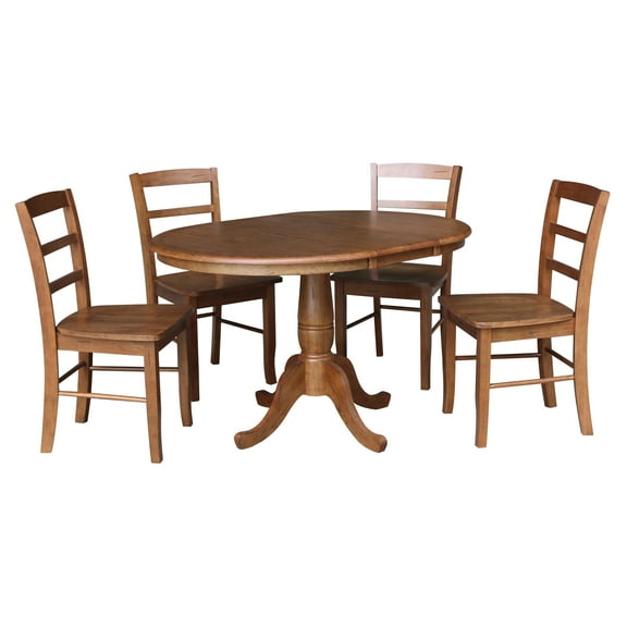 36" Round Solid Wood Extension Dining Table with Leaf and 4 Madrid Ladder Back Chairs in Distressed Oak by International Concepts