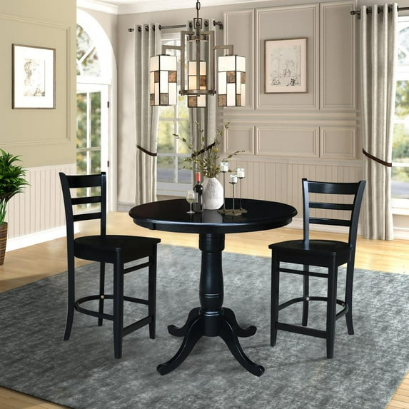 36" Round Solid Wood Pedestal Counter Height Table in Black & 2 Emily Stools