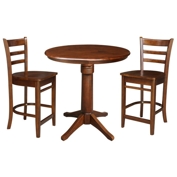 36" Round Solid Wood Pedestal Counter Height Table in Espresso & 2 Stools
