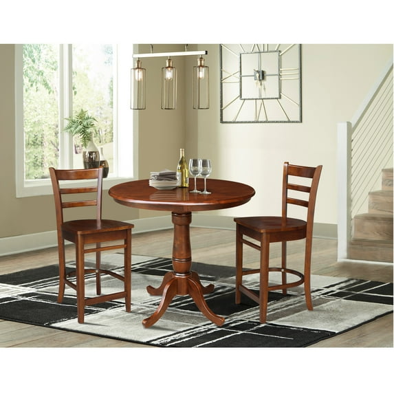 36" Round Solid Wood Pedestal Counter Height Table in Espresso & 2 Stools