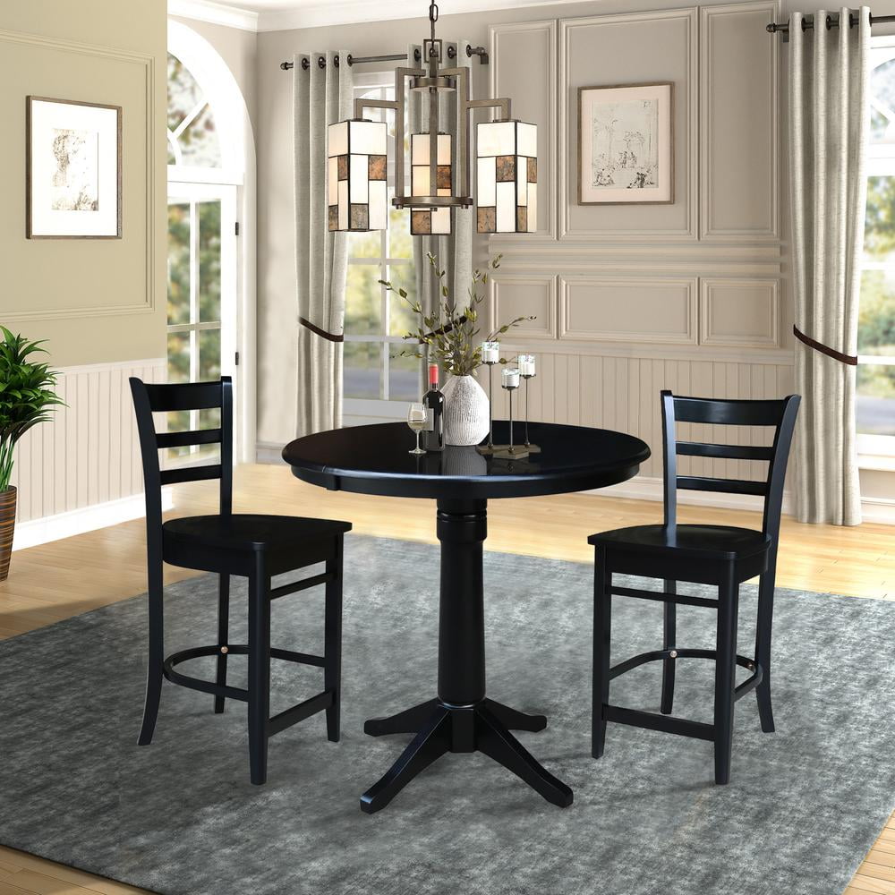 Black Solid Wood Round Pedestal Table with Two Stools