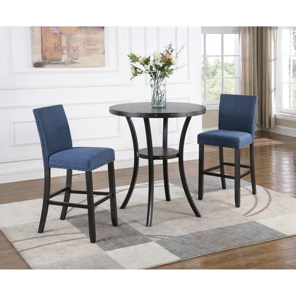 36" Round Table With Stools - 3, 2 Blue Fabric, Extra Storage Space 3 Fabric Stools, Metal & Wood, Facility