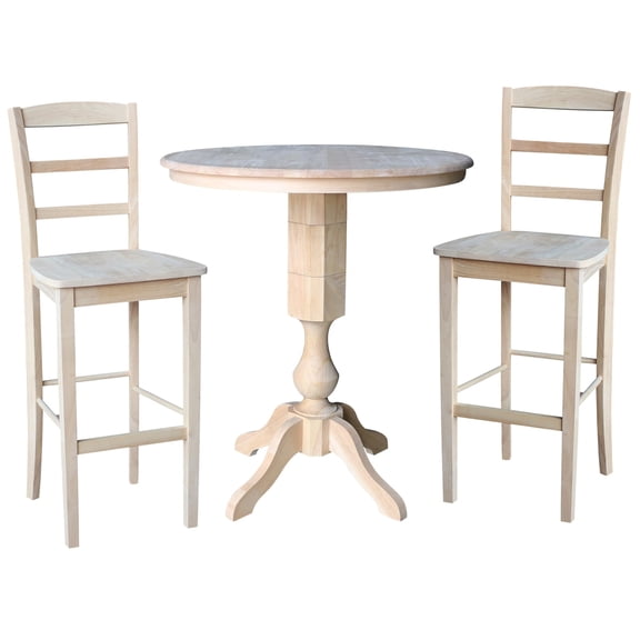 36" Round Top Pedestal Bar Height Table with 2 Madrid Stools - Unfinished - 3 Piece Set