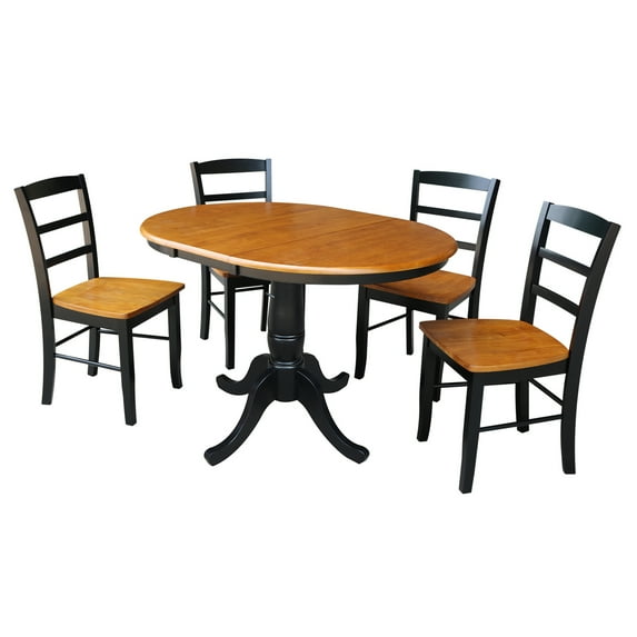 International Concepts 36"H Wooden Round Top Dining Table with 12" Leaf and 4 Madrid Chairs - Black/Cherry - 5 Piece Set - Seats 4
