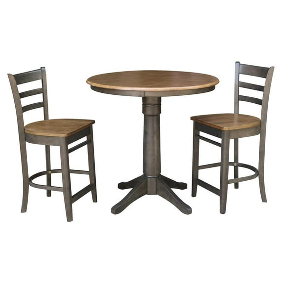 36" Round Wood Counter Height Table With 2 Emily Stools in Hickory/Washed Coal