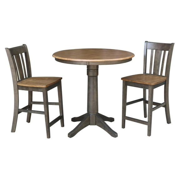 36" Round Wood Counter Height Table With 2 Stools in Hickory/Washed Coal