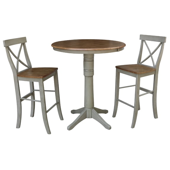 36" Round Wood Distressed Hickory/Stone Extension Dining Table With 2 Stools