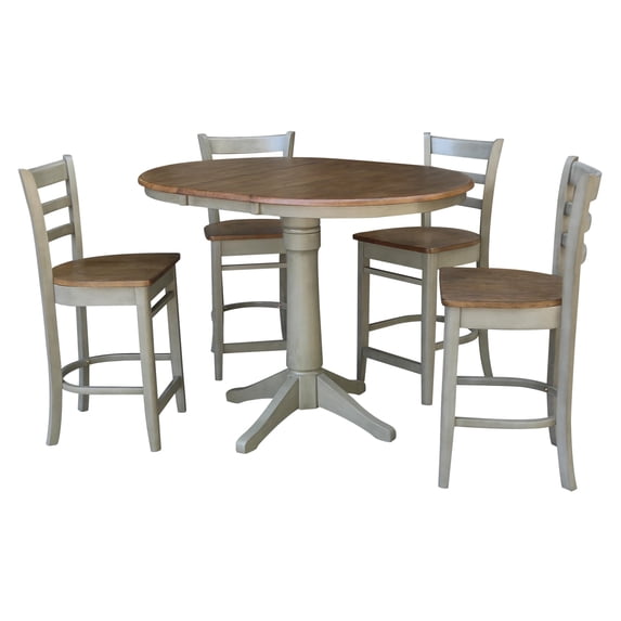 36" Round Wood Distressed Hickory/Stone Extension Dining Table With 4 Stools