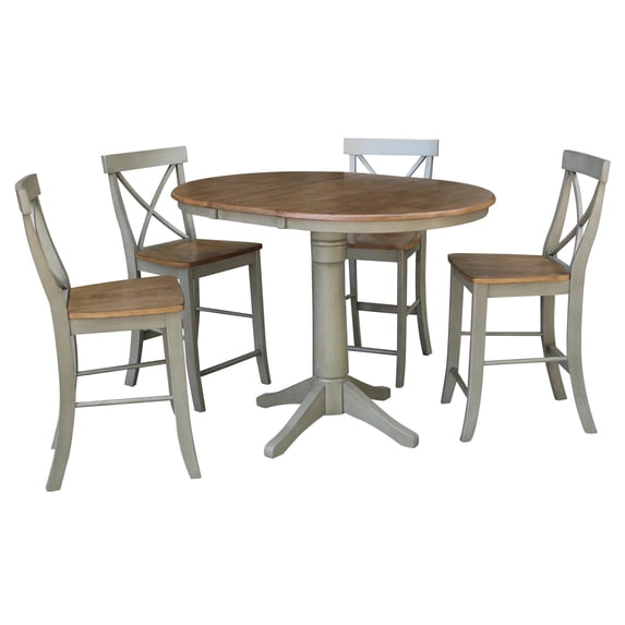 36" Round Wood Distressed Hickory/Stone Extension Dining Table With 4 Stools