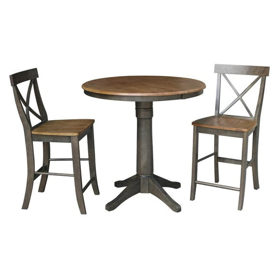 36" Round Wood Extension Counterheight Table and 2 Stools in Hickory/Washed Coal