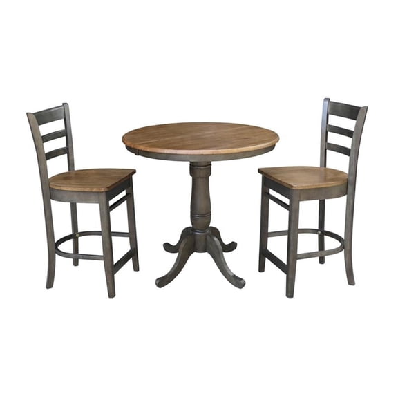 36" Round Wood Extension Counterheight Table and 2 Stools in Hickory/Washed Coal