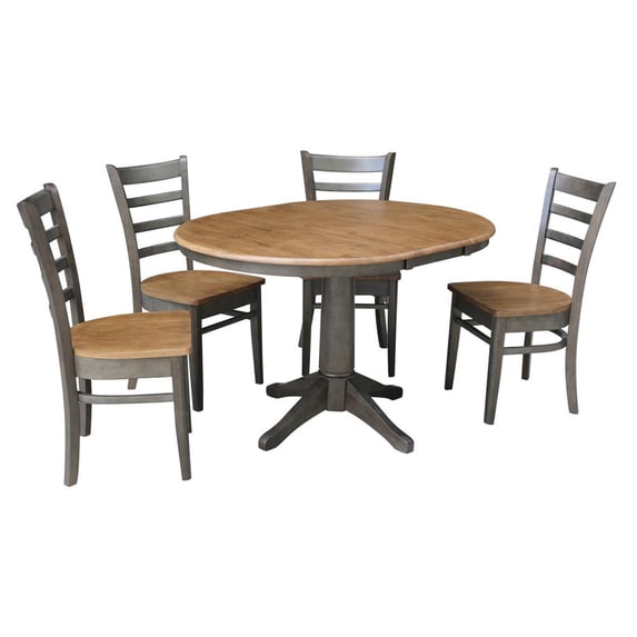 36" Round Wood Extension Dining Table with 4 Chairs in Hickory/Washed Coal