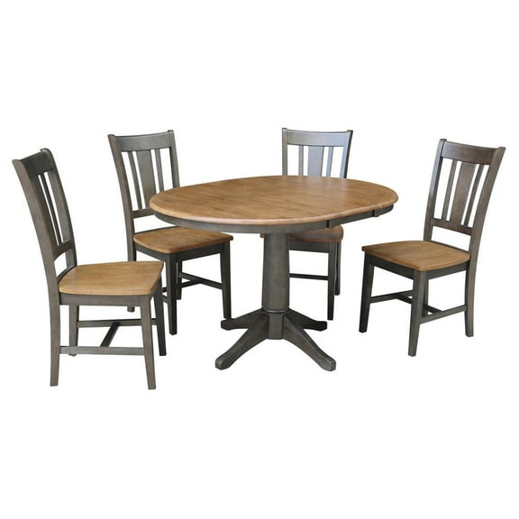36" Round Wood Extension Dining Table with 4 Chairs in Hickory/Washed Coal