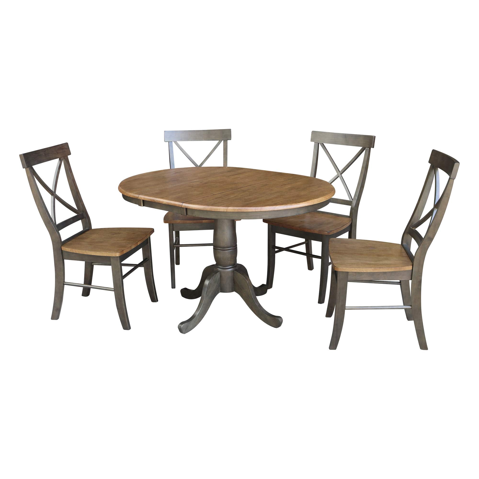 36" Round Wood Extension Dining Table with 4 Chairs in Hickory/Washed ...