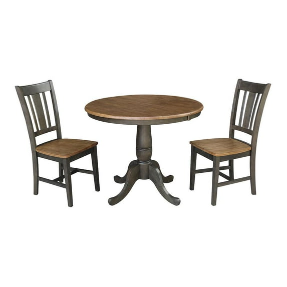 36" Round Wood Extension Dining table with 2 Chairs in Hickory/Washed Coal