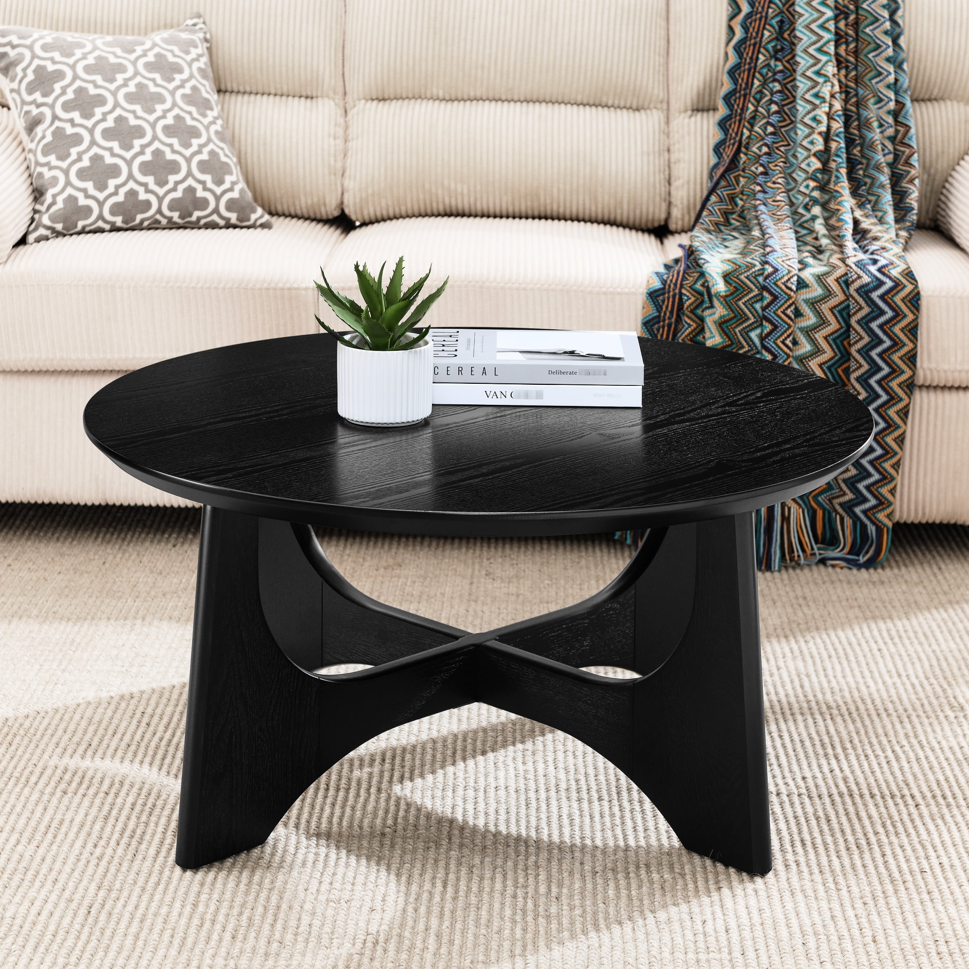 36" Round Wooden Coffee Table. Black Finish, Birch Veneer . Modern ...