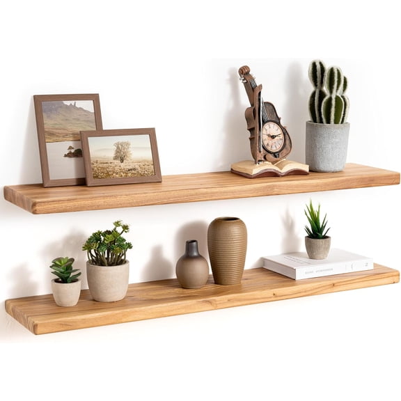 36" Rustic Elm Wood Floating Shelves, 8 Inch Deep Wall Shelves for Home Decor, Wall Mounted Floating Shelf with Invisible Bracket, Heavy-Duty Storage & Display Shelf for Living Room, Kitchen,Set of 2