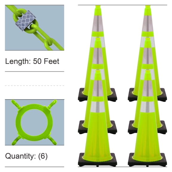 36" Safety Green Reflective Traffic Cones and Reflective Chain Kit