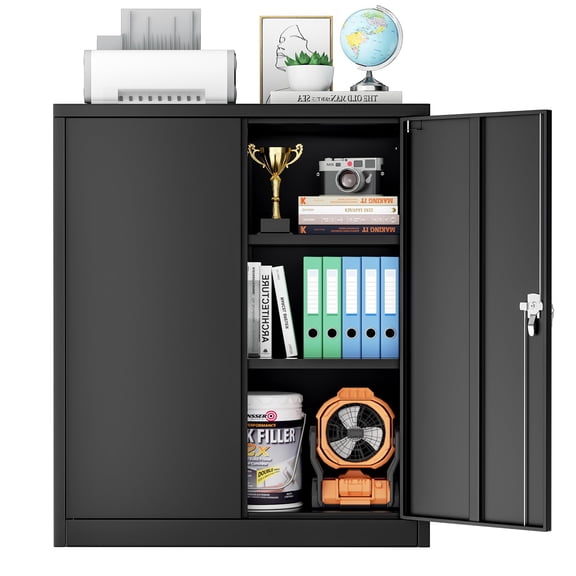 36" Secure Locking Steel Cabinet for Garage Home, Black Metal Storage with Adjustable Shelves, Heavy Duty Tool Organizer for Office Workshop