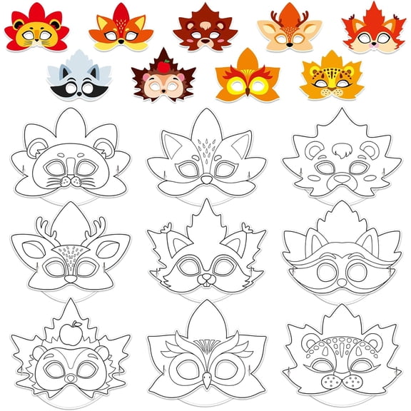 36 Set Fall Thanksgiving Animal Coloring Mask Paper Art Craft Kids Color Your Own Animals Blank DIY Mask Masquerade Birthday Party Dress-Up Decoration Favor School Classroom Activity Game Supplies