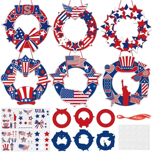 36 Set Patriotic Wreath Craft Kit for DIY 4th of July Paper Crafts American Flag Stickers Hanging Ornament for Memorial Independence Day Art Activity Home Decor Supplies