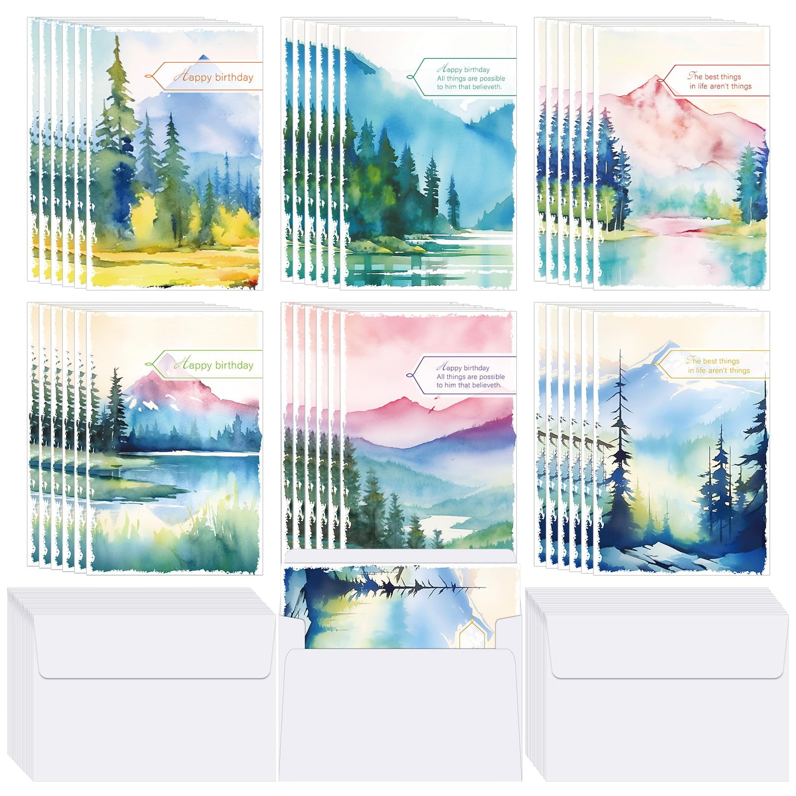 36 Set Watercolor Mountains Happy Birthday Card for Men, Watercolor
