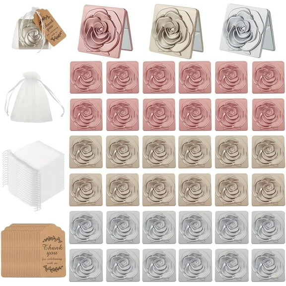 36 Sets(108pcs) Square Rose Compact Mirrors Bulk Wedding Party Favors Plastic Rose Makeup Mirrors Rose Foldable Mirrors with Gift Tag and Gift Bags for Wedding Bridal Guests Souvenir Gift DIY