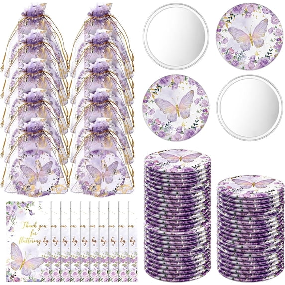 36 Sets Butterfly Baby Shower Party Favors, Butterfly Compact Pocket Mirrors and Thank You Cards Gifts Bulk for guests Bridal Shower Wedding Gender Reveal Party(Purple)