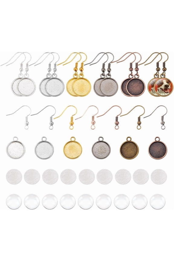 36 Sets Earrings Wire Brass Hooks Blanks Bezel Trays with Glass Cabochons Setting 6 Colors 12mm Round Earring Cabochon Bezel Blanks Earring Making Supplies for DIY Craft Jewelry Making for DIY