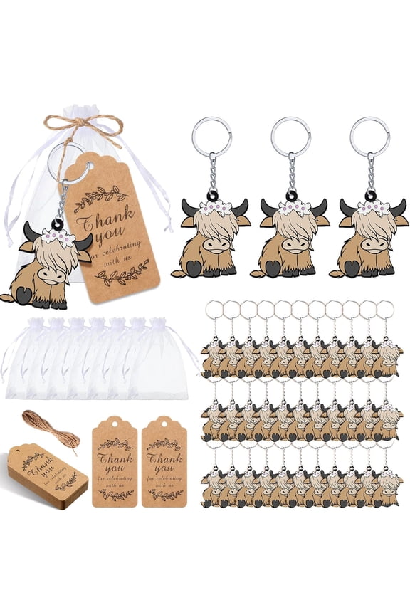 36 Sets Highland Cow Party Favors Baby Shower Keychains with Organza Bags Thank You Tags Cow Exchange Gifts for Gender Reveal Rewards Party Supplies(Cute)