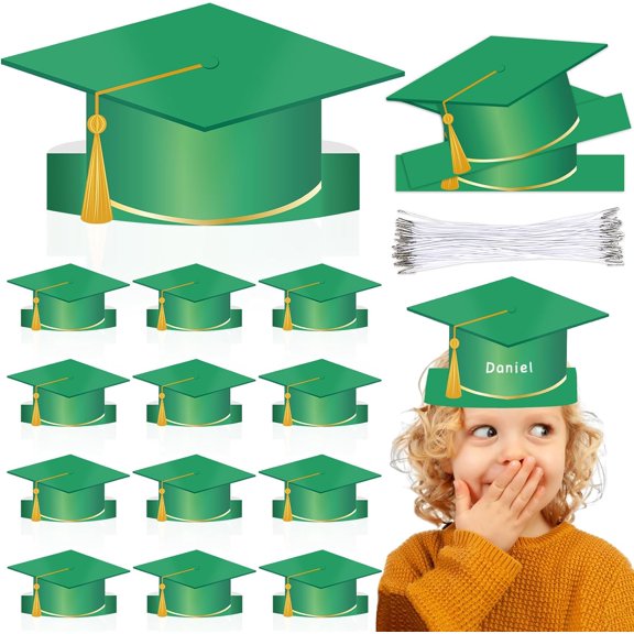 36 Sets Paper Graduation Hats Class of 2026 Adjustable Graduation Cap Headbands with Elastic String for Students Kindergarten Preschool Graduate Gift Grad Party Decoration Favor Supplies(Green Gold)