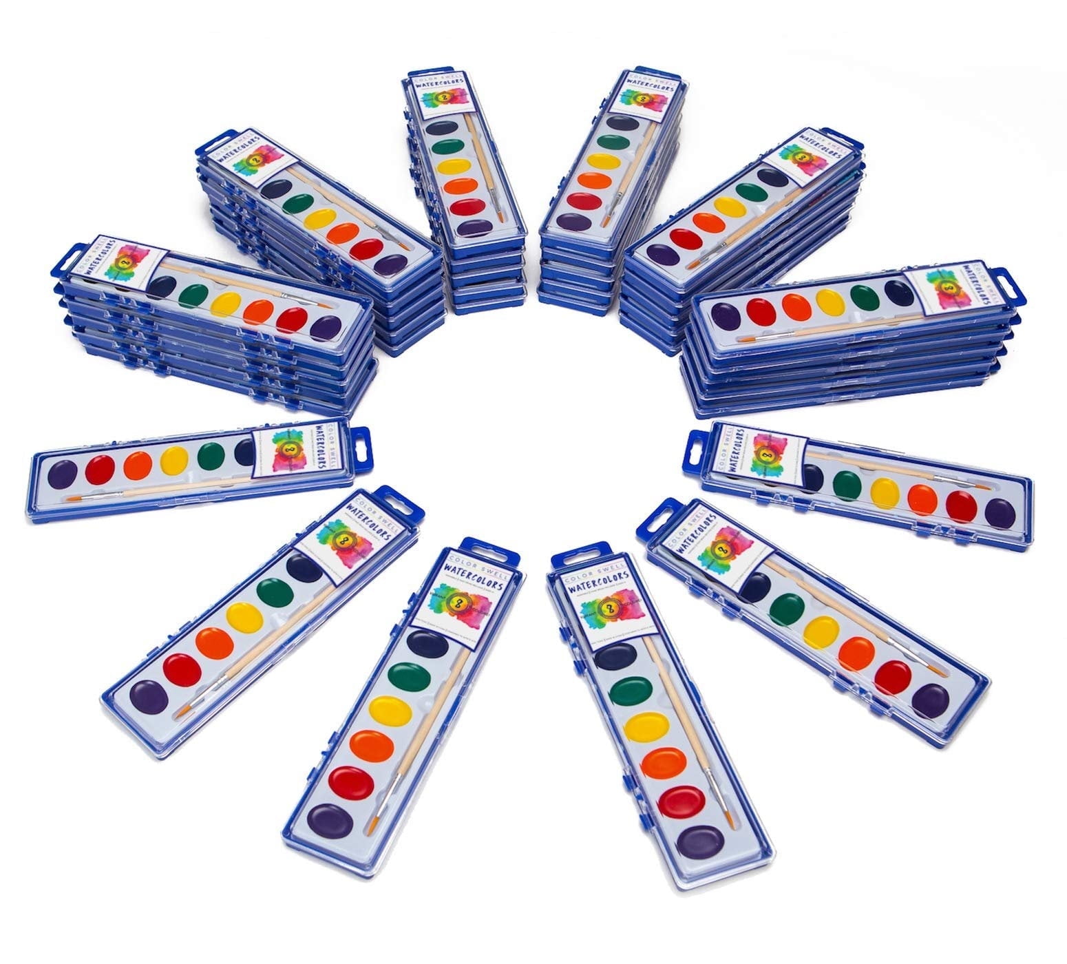 36 Sets of Watercolor Paint Packs with Wood Brushes in 8 Washable Colors