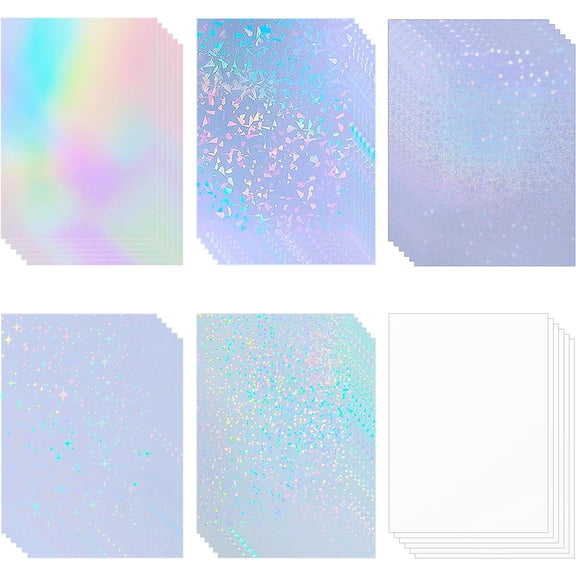 36 Sheets Holographic Sticker Paper Waterproof A4 Size Clear Vinyl Sticker Sheets Self-Adhesive Rainbow Overlay Sheets with 6 Styles Mixed